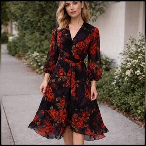 Laura | Red Black Floral High Low Hemline Midi Dress Size 16